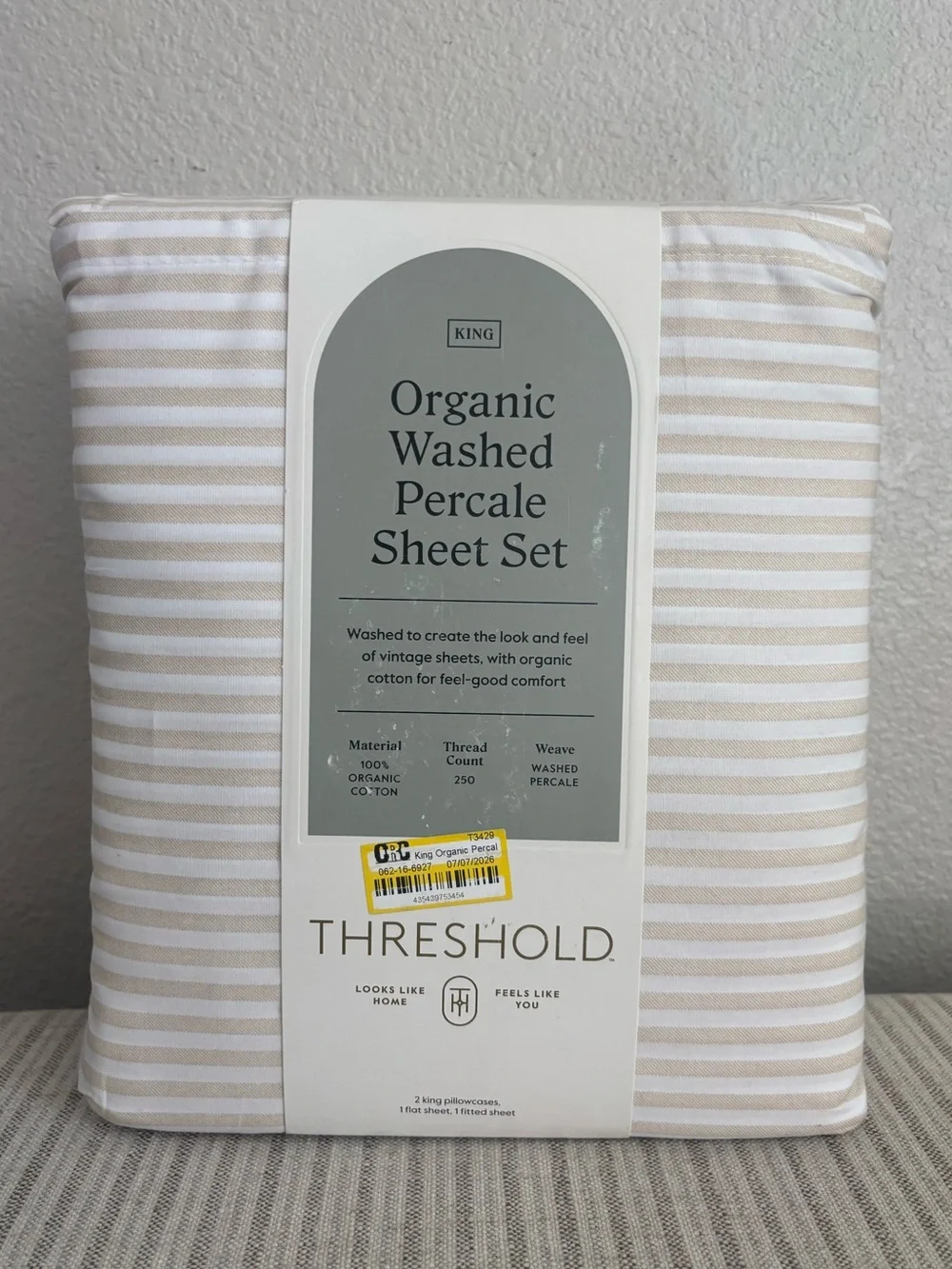 NWT King Organic Percale Sheet Set Khaki/White Stripe - Threshold
